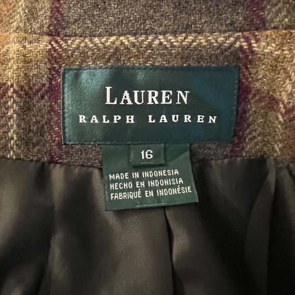EUC Women's Lauren Ralph Lauren Brown Plaid Wool Blazer Elbow Patches Size 16 - Picture 8 of 8